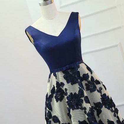 Stylish Dark Blue A-line V Neck Long Prom Dress,..