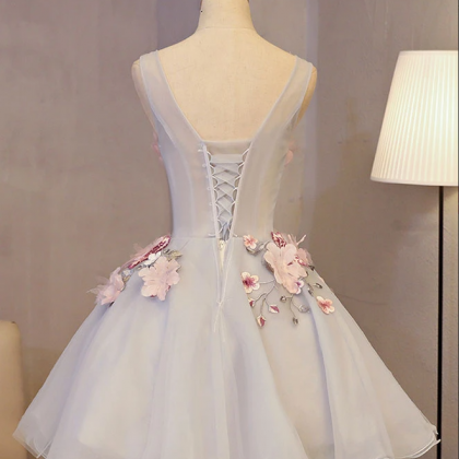 Gray Tulle Applique Short Prom Dress, Gray..