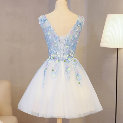 Cute Blue Lace Applique Short Prom Dress,..