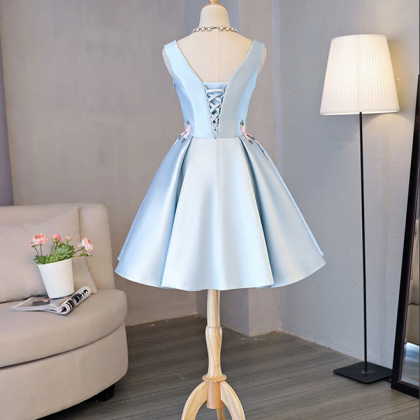 Blue Satin Applique Short Prom Dress, Blue..