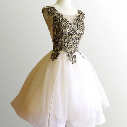 Champagne Lace Beading Short Prom Dress, Champagne..