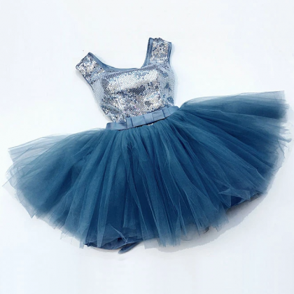 Blue Round Neck Tull Sequins Short Prom Dress,..