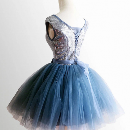 Blue Round Neck Tull Sequins Short Prom Dress,..