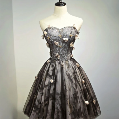 Black Lace Tulle Short Prom Dress, Black..