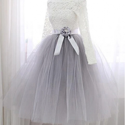 Ivory Lace Long Sleeves Short Ball Gown Prom..