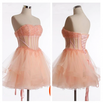 Blush Pink Cute Beading Tulle Homecoming..
