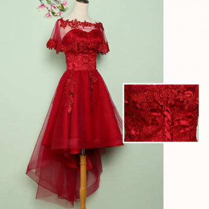 Wine Red Lace Tulle High Low Lace Formal..