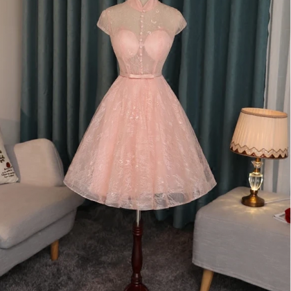 Pink Lace High Neckline Short Homecoming Dress,..
