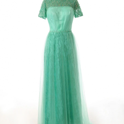Green Modest Lace Formal Dress With Short..