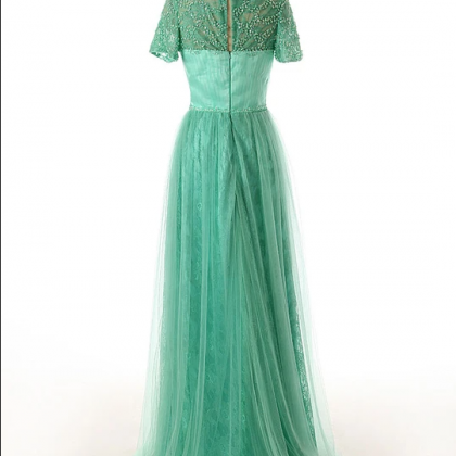 Green Modest Lace Formal Dress With Short..