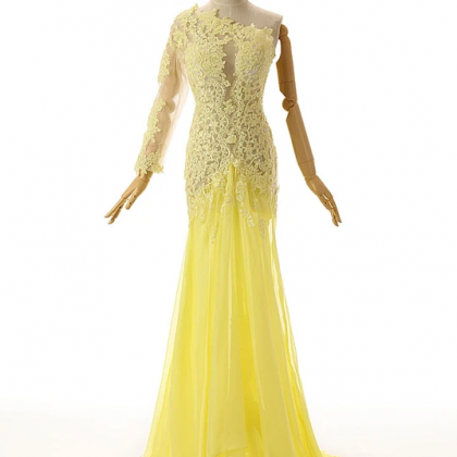 Yellow One Shoulder Lace Formal Prom Evening..