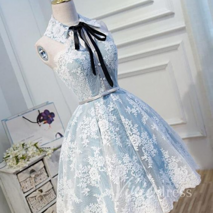 Collar Neck Light Blue Lace Homecoming Dresses..