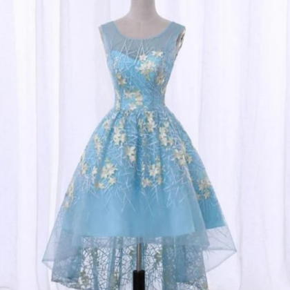 Spring Blue Lace Scoop Neck High Low Homecoming..