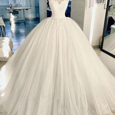 Elegant A-line White Tulle Ball Gown Long..