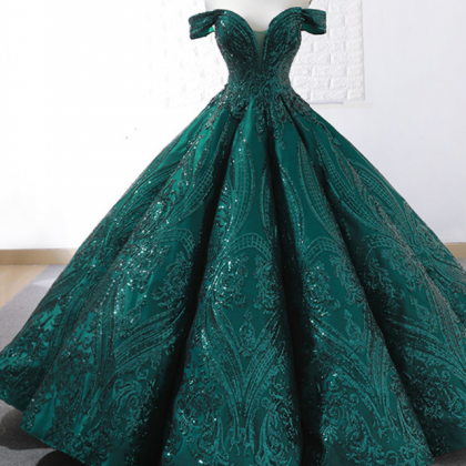 Newest Dark Green Sequins Ball Gown Off The..