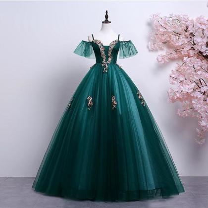 Dark Green Embroidery Ball Gown Medieval..
