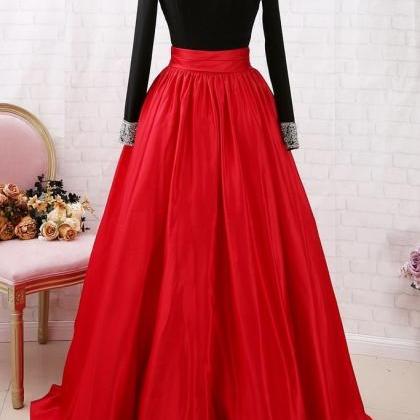 Long Sleeves Beaded Black Red Ball Gown Prom Dress..