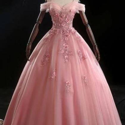 Pink Ball Gown Off Shoulder Prom Dress With..