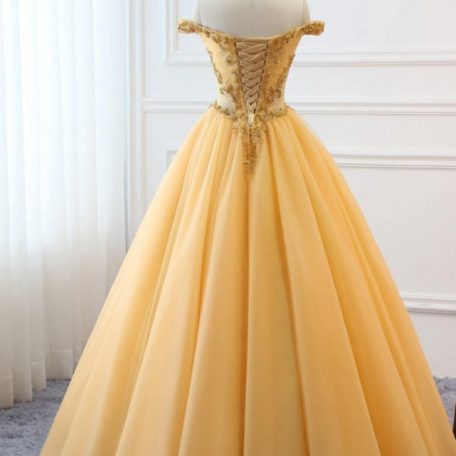 2021 Gold Prom Ball Gown Beaded Off Shoulder..