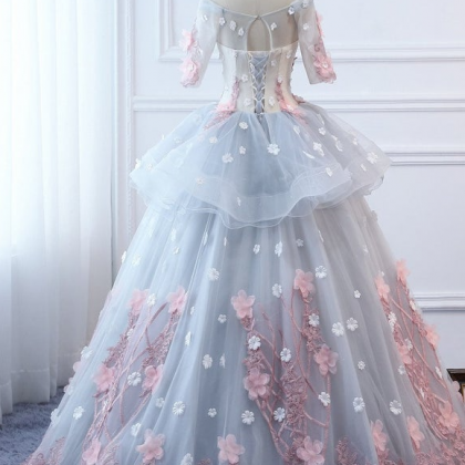 Custom Women Pink Flowers Prom Dress Ball Gown..