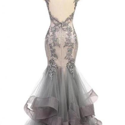 Open Back Lace Appliques Grey Mermaid Tiered Prom..