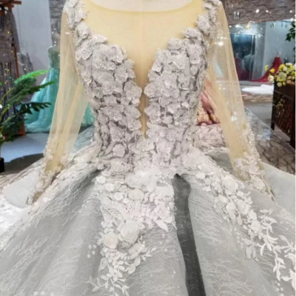 Chic Long Sleeves Grey Lace See Through Ball Gown..
