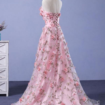A Line Strapless Blush Pink Lace Flowers Long Prom..