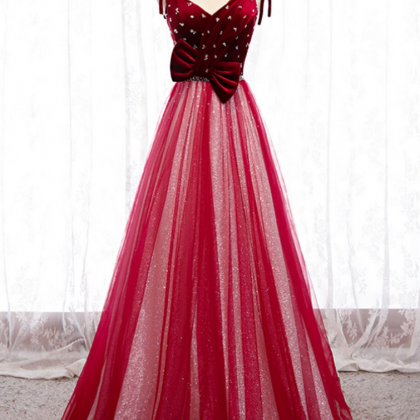 Tulle Sequins Velvet V-neck Beading Prom Dress..