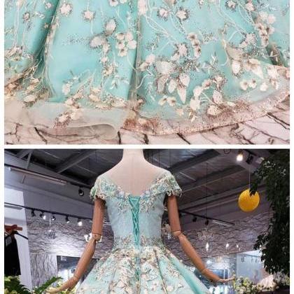 Big Sheer Neck Puffy Prom Dress With Cap Sleeves,..
