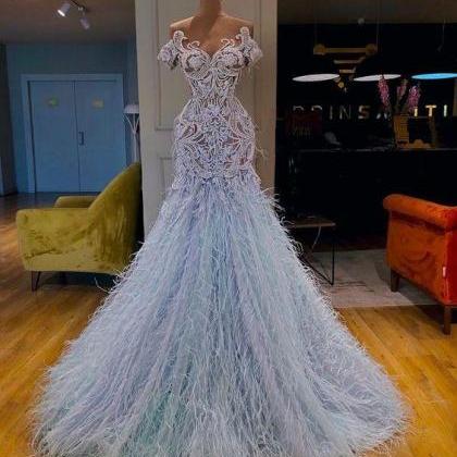 Light Blue Luxury Prom Dresses Feather Lace..