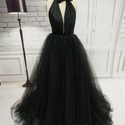 A-line Halter Prom Dresses Black Simple Long Prom..