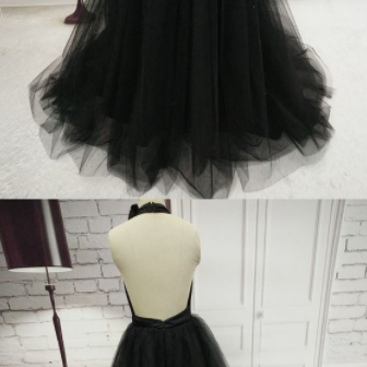 A-line Halter Prom Dresses Black Simple Long Prom..