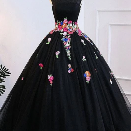 A Line Black Colorful Lace Applique Long Prom..