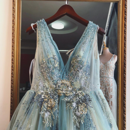 A-line V Neck Ombre Blue Long Prom Dresses..
