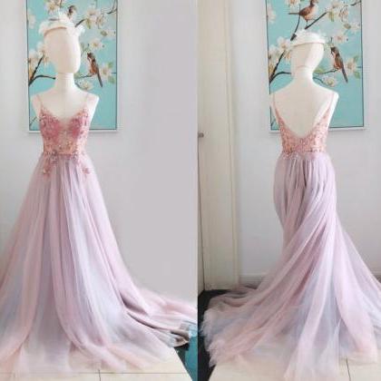 Tulle Pink Prom Dress With Slit Tulle Spaghetti..