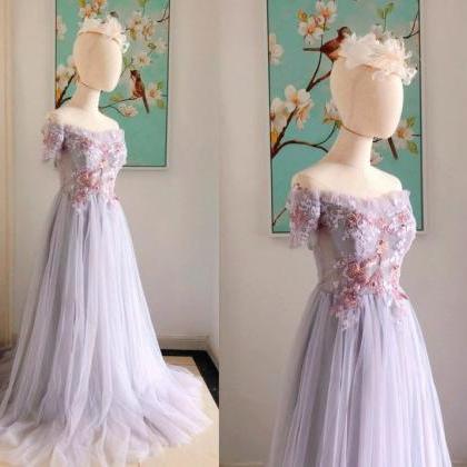 Off Shoulder Tulle Lilac Bridesmaid Dresses With..