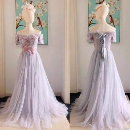 Off Shoulder Tulle Lilac Bridesmaid Dresses With..