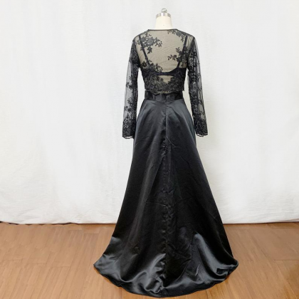 Trendy Two Piece Long Sleeve Black Slit Lace Prom Gowns JTE535 main image 1