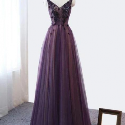 Purple V-neckline Tulle Lace Applique Party Dress,..