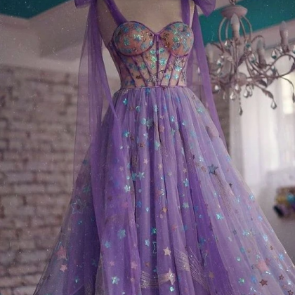 A-line Purple Tulle Long Prom Dress,charming Prom..