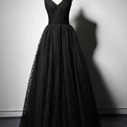 Unique V Neck Black Spotted Long Prom Dresses, V..