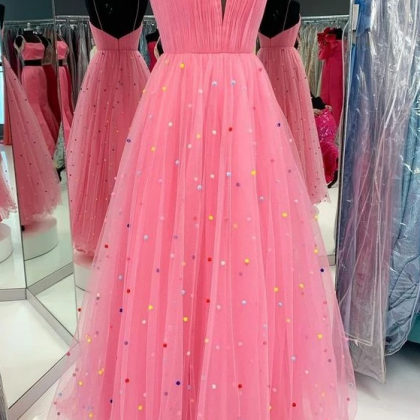 Princess A-line Pink Long Prom Dress With Colorful..