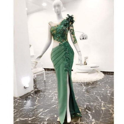 Long Sleeve Green Evening Dresses Mermaid Lace..