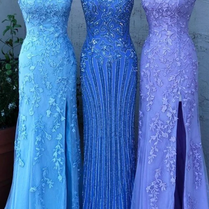 Mermaid Long Prom Dresses, Blue Lace Prom Dresses,..