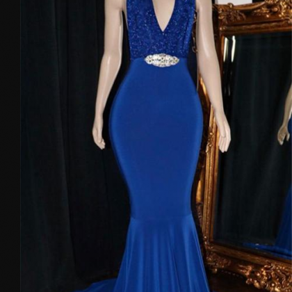 V-neck Blue Sequins Prom Dresses | Elegant Crystal..