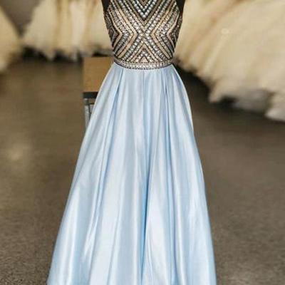 Baby Blue Satin Beaded Long A Line Prom Dress,..