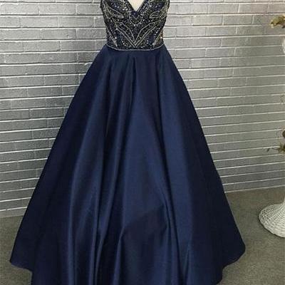 Navy Blue Satin Long Beaded Senior Prom Dress..