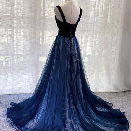 Blue Velvet Tulle Long Prom Gown Formal..