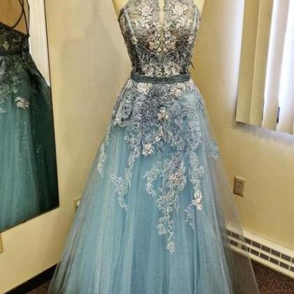 Blue Lace Long Prom Dress Blue Evening..