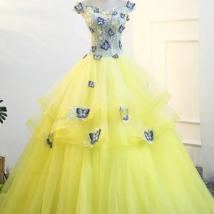 Yellow Tulle Off The Shoulder Butterfly Appliques..
